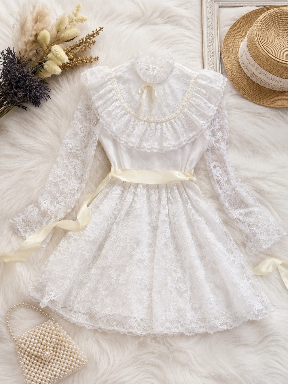 Vintage Merry Girl White Lace Floral Party Dress Size 7 Long Sleeve Victorian